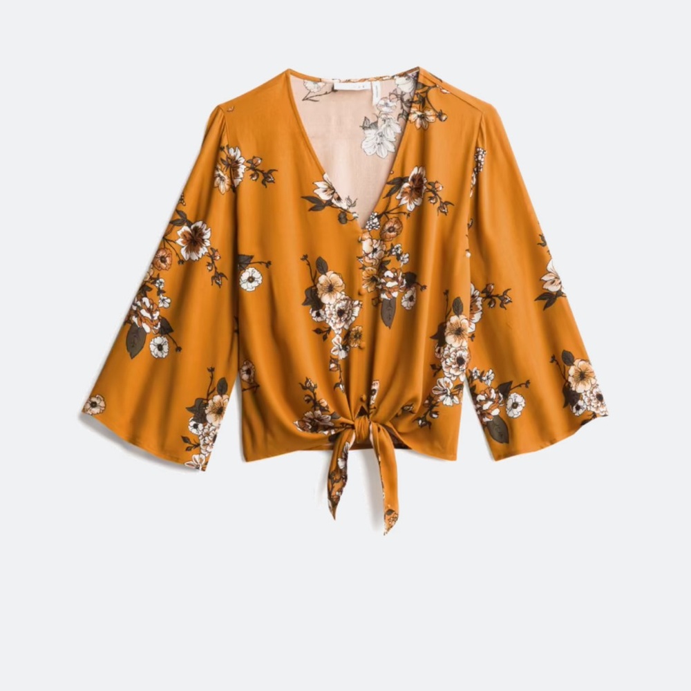 Elegant Floral Tie-Front Blouse - Mustard